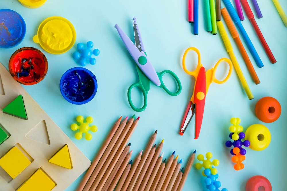 Office and student accessories on a pink. Back to school concept. School, education and learning concept. creativity for kids. Top view colorful background. Flat lay