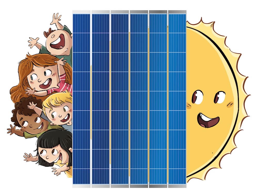 Illustration of a group of children and sun with solar panels